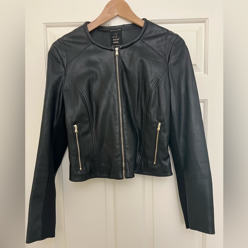 Zara Black Vegan Leather Jacket with Gold Zipper and Flex Stretch